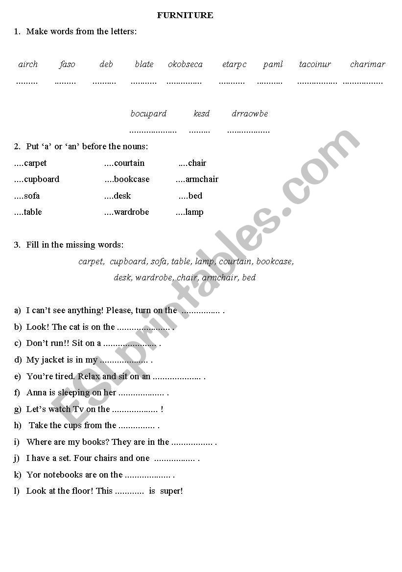 Furniture worksheet