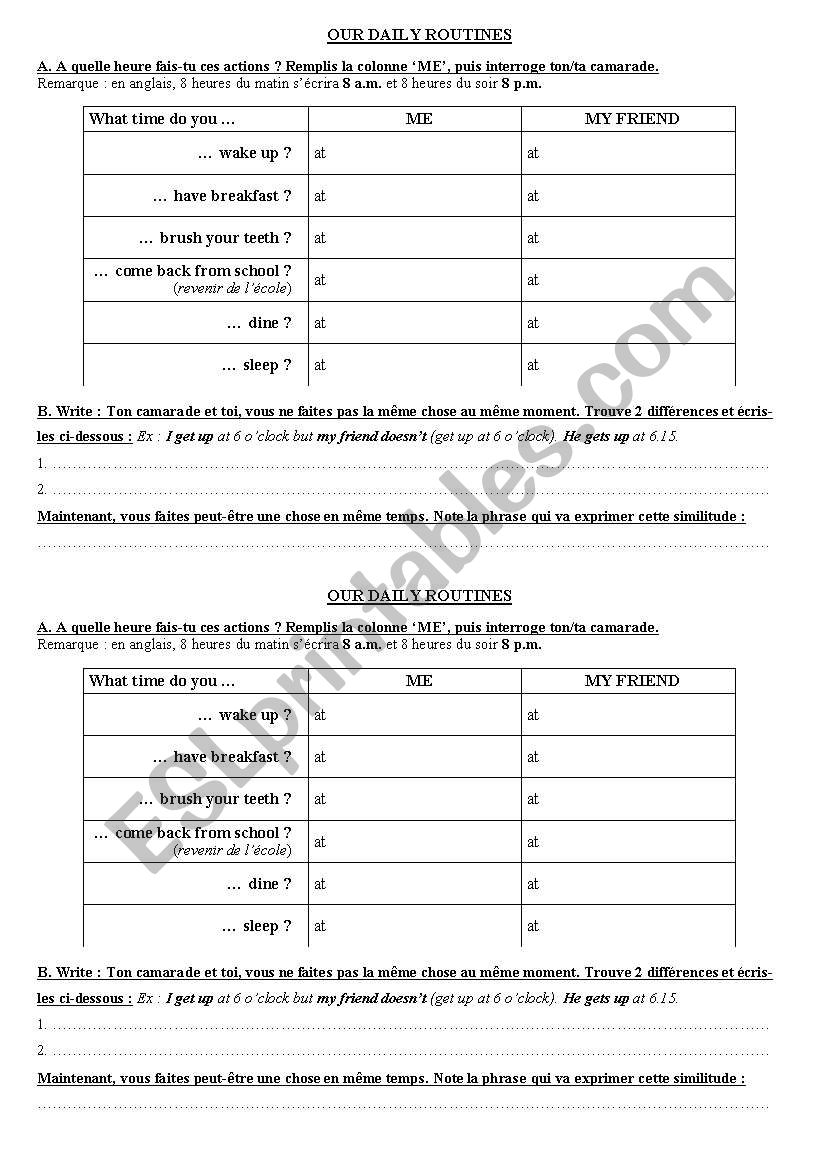 Pair work daily routine worksheet