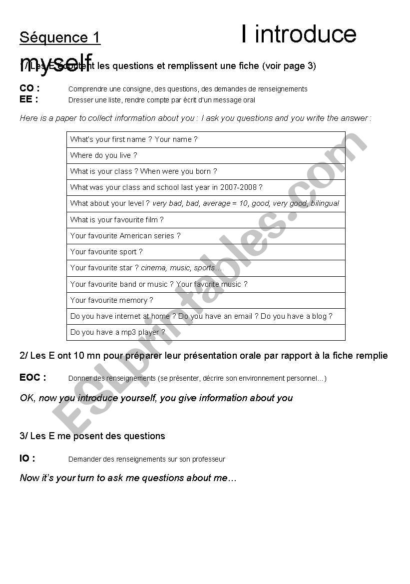 I introduce myself worksheet