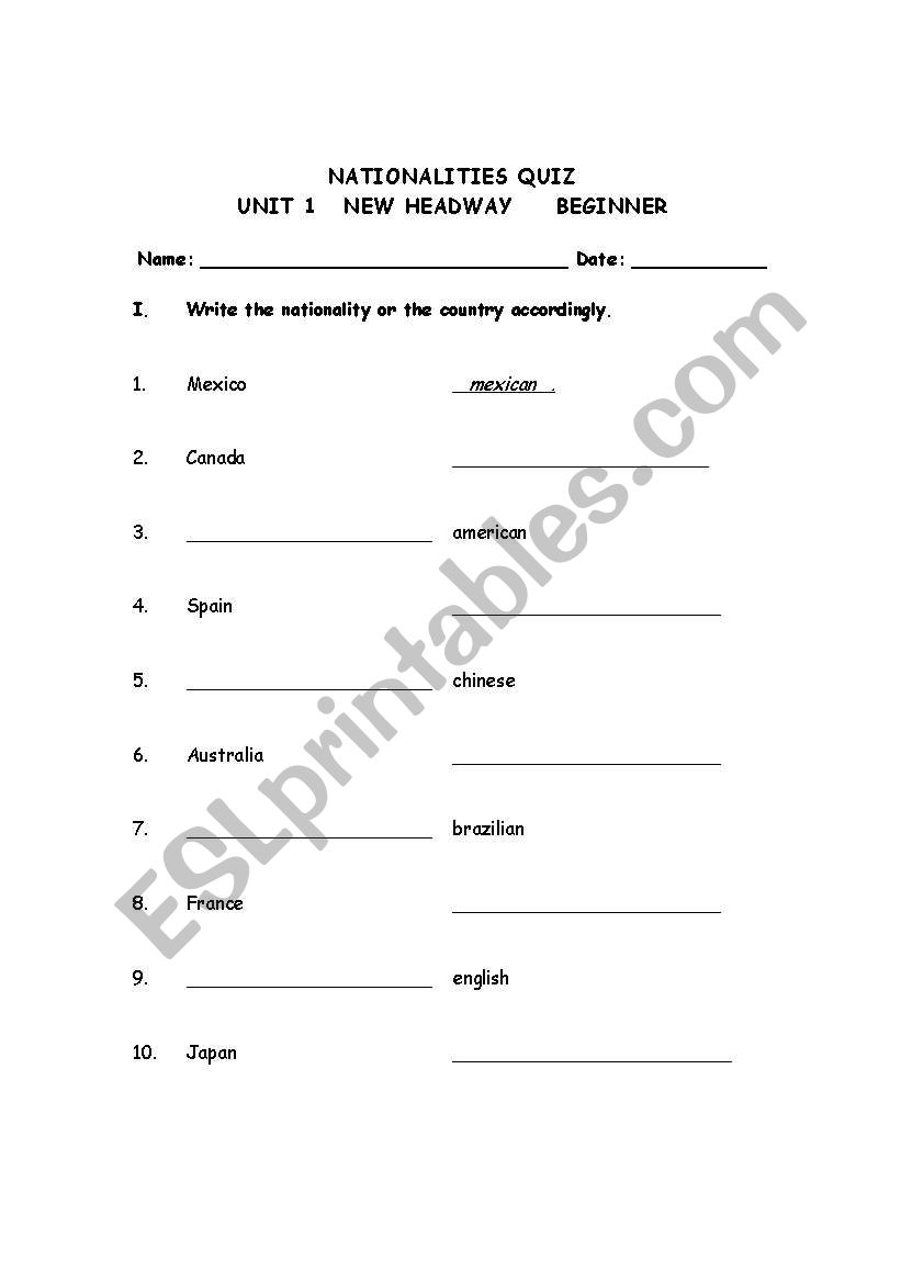 Nationalities Quiz worksheet