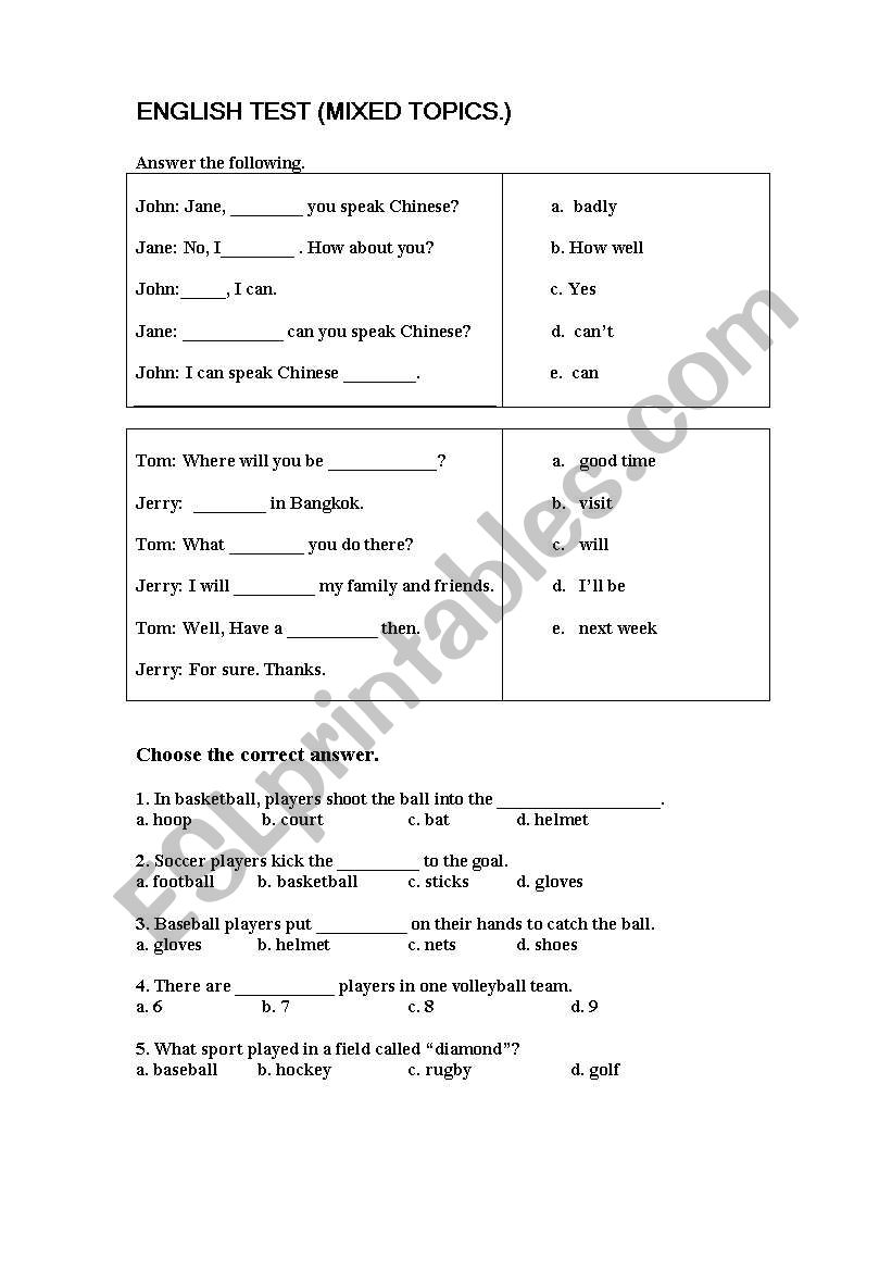 English Test ( mixed ) worksheet