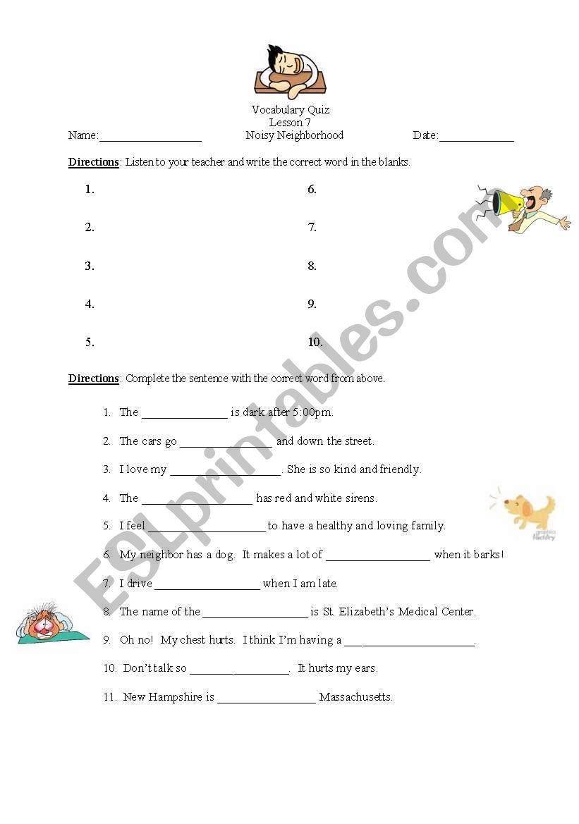 English worksheets: Vocab dictation 7, ´Noisy Neighborhood´, with ...