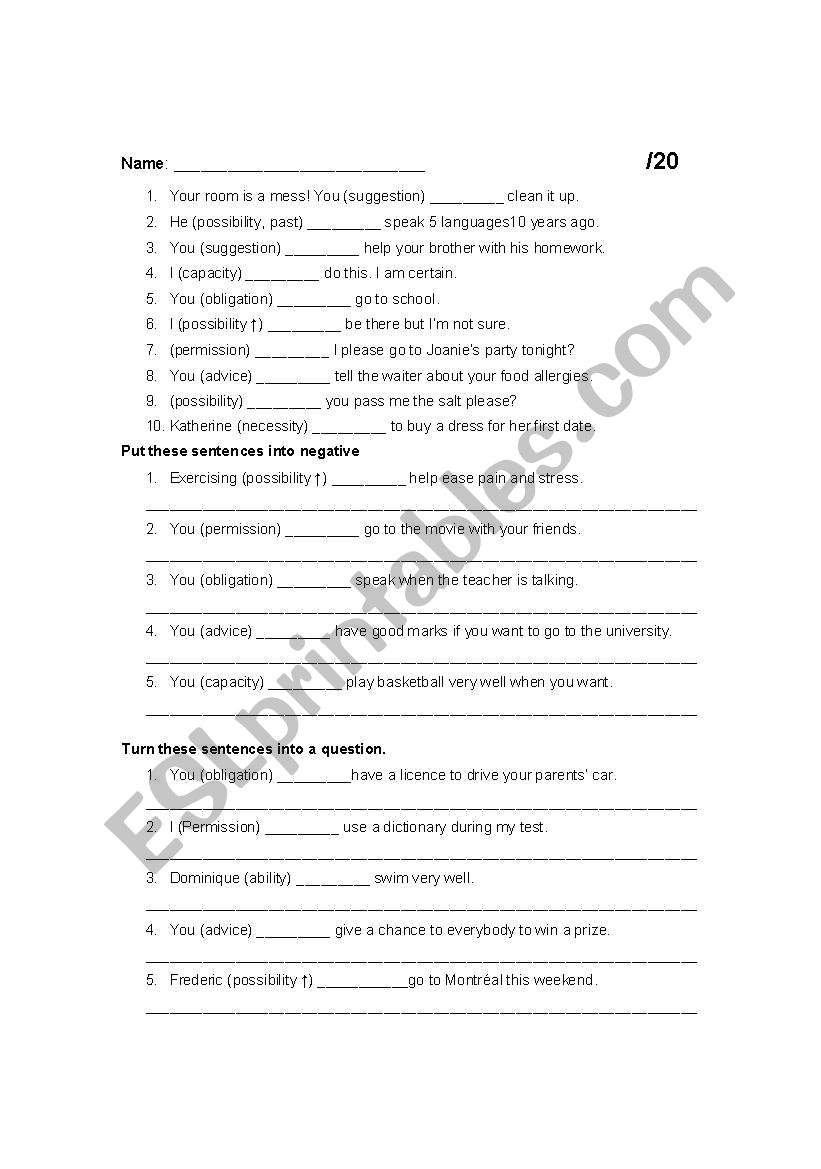 Test on modals worksheet