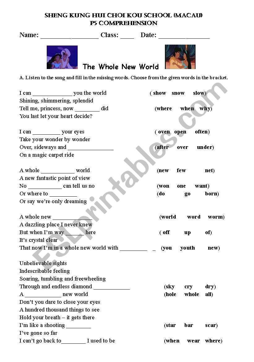 The Whole New World (Song) worksheet
