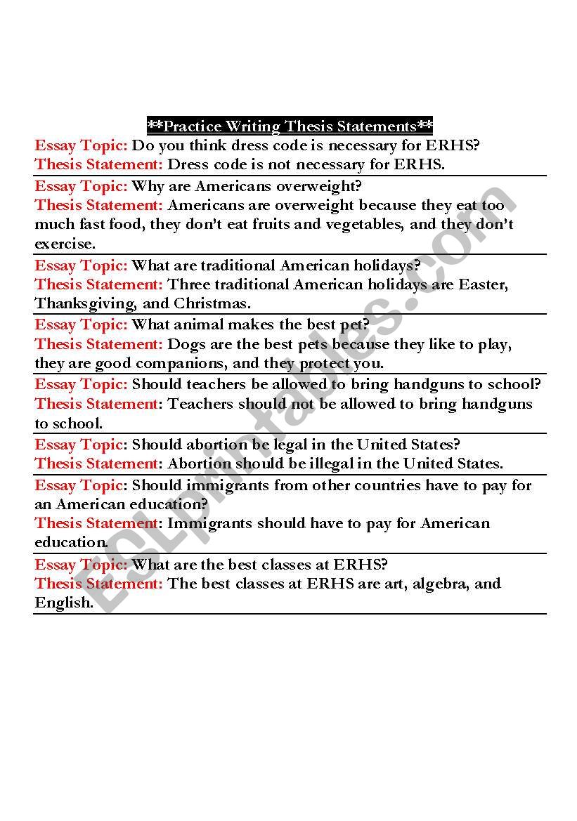 Practice Writing a Thesis Statement - ESL worksheet by alhannah25 Throughout Thesis Statement Practice Worksheet