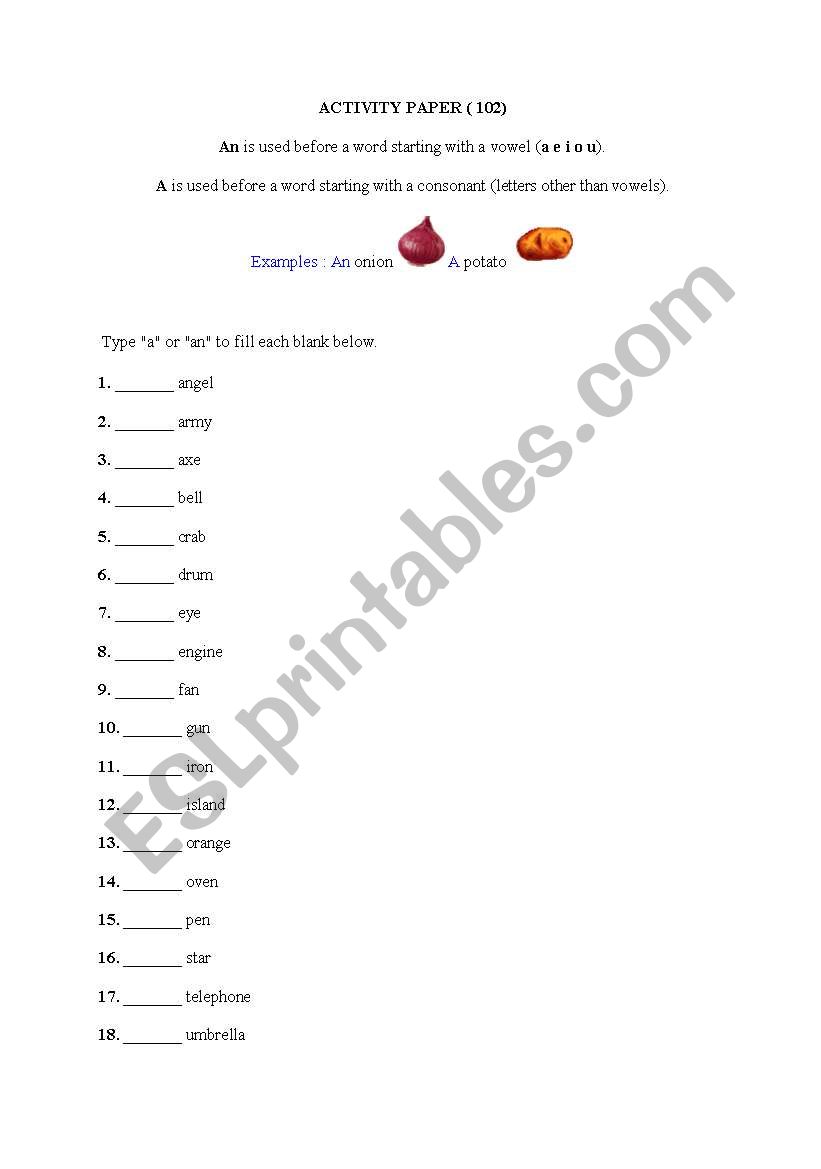 usage of a/an worksheet