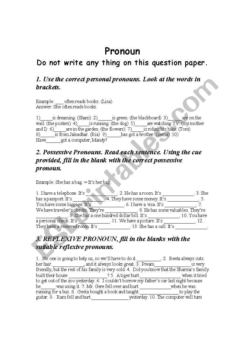 Pronoun worksheet