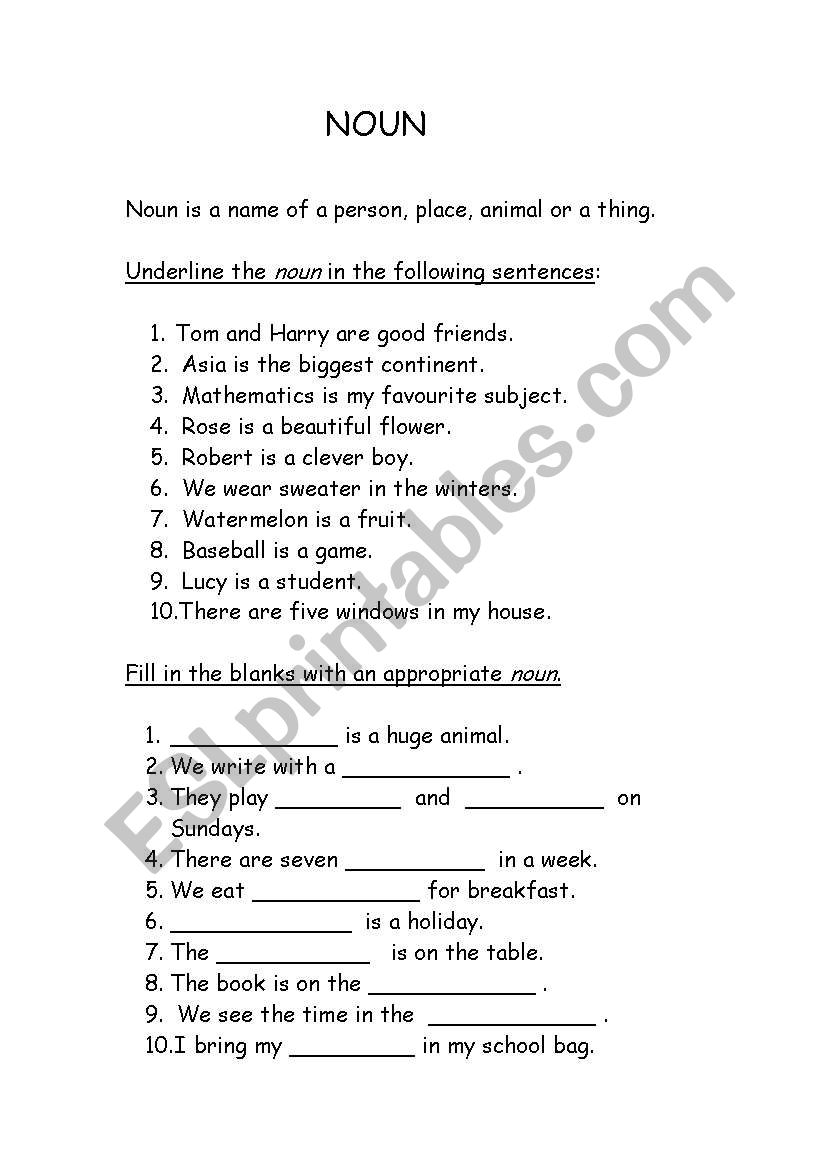 Worksheet for nouns worksheet