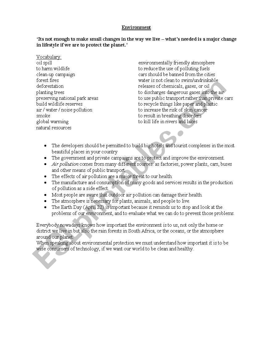 Environment worksheet