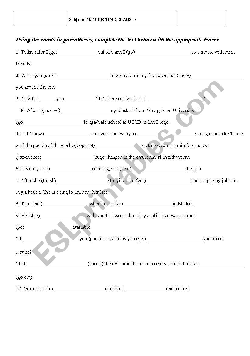 Future Time Clauses ESL Worksheet By Hkaric