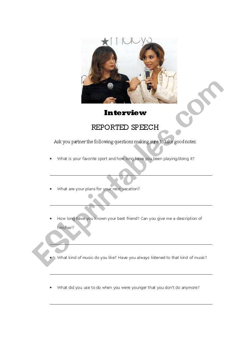 Reported Speech Interview worksheet