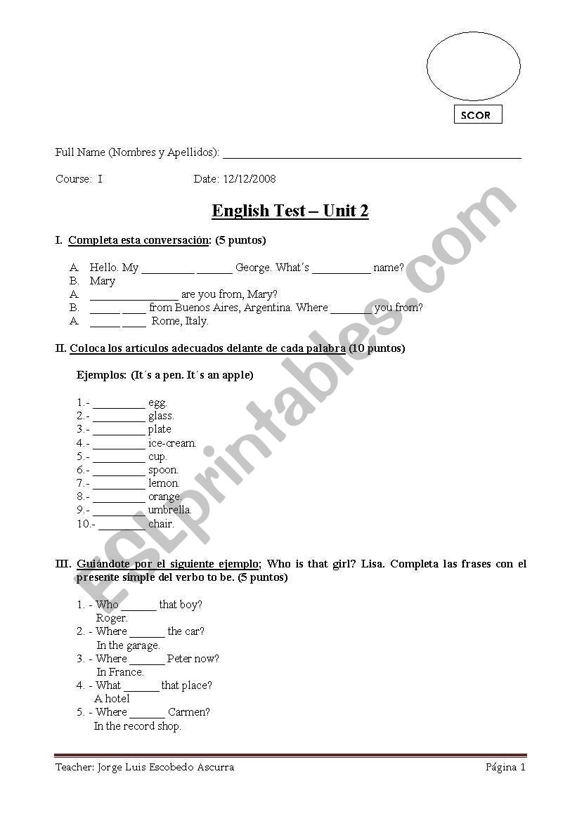 Elementary English Test worksheet
