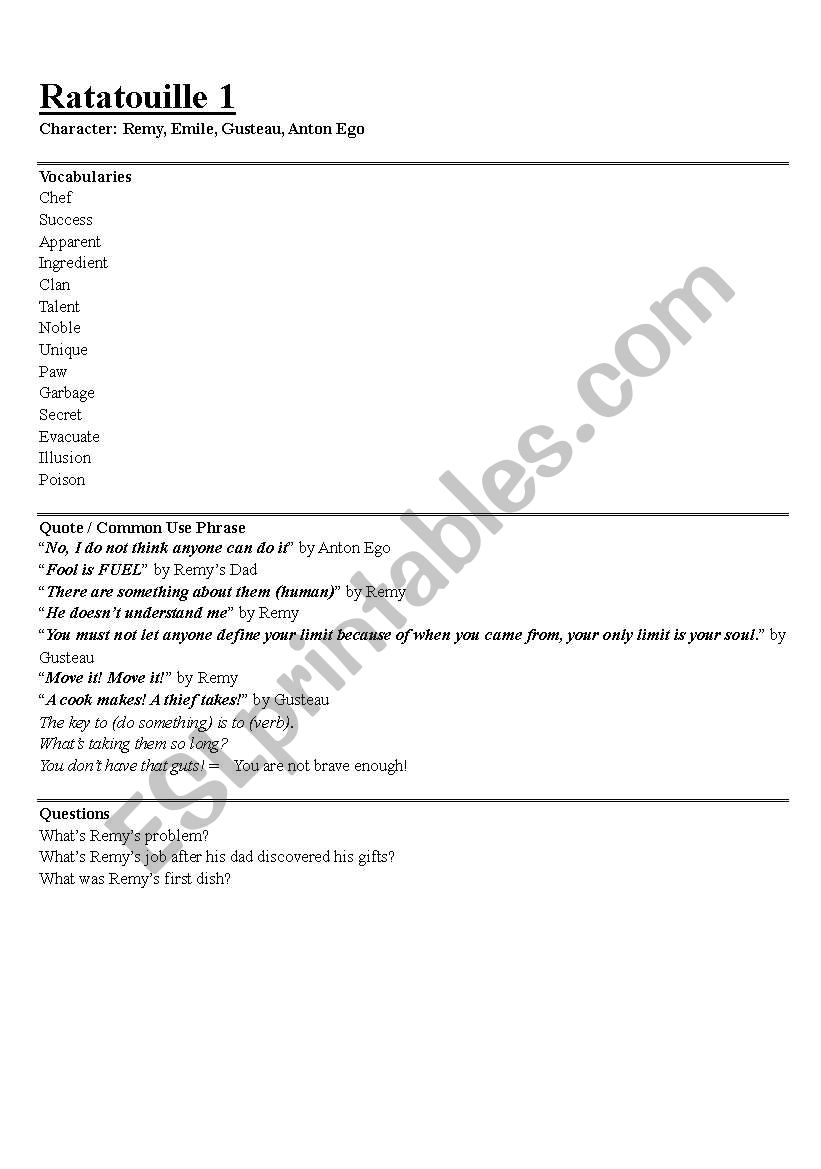 English Worksheets Ratatouille