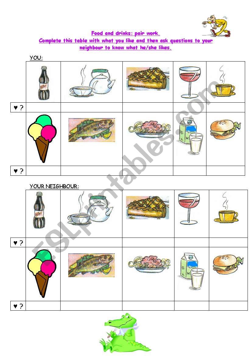 food and drinks pair work worksheet