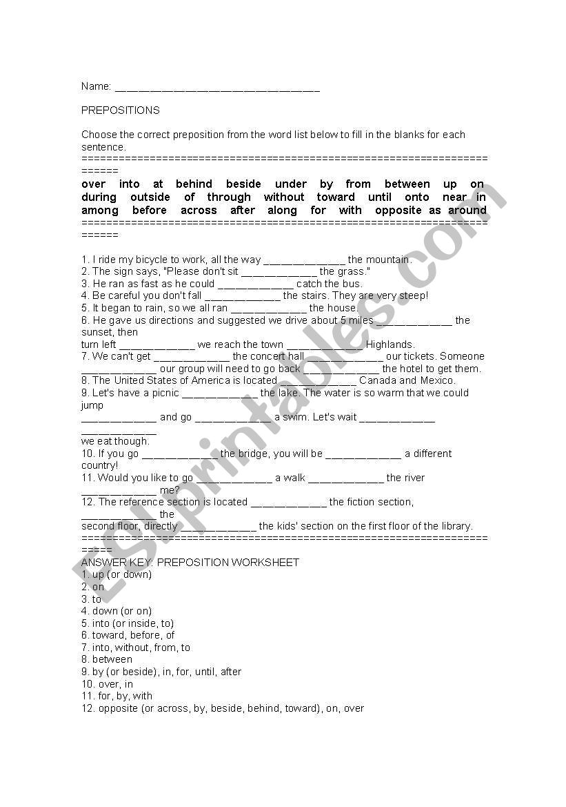 prepositions worksheet