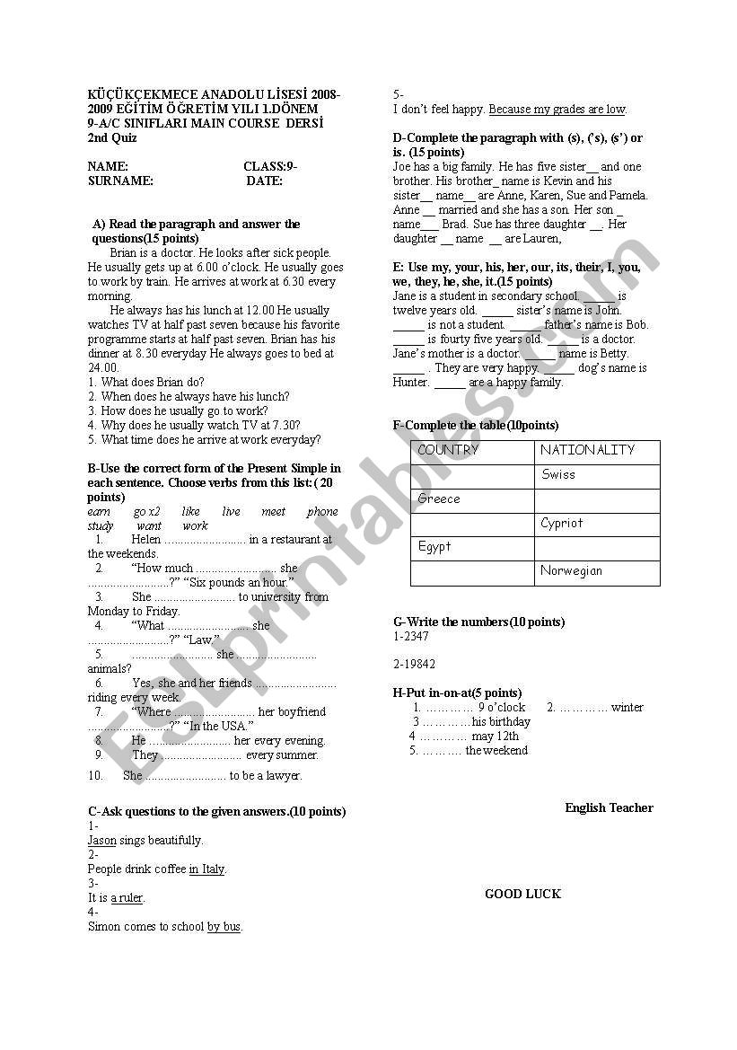 exam for elementary students worksheet