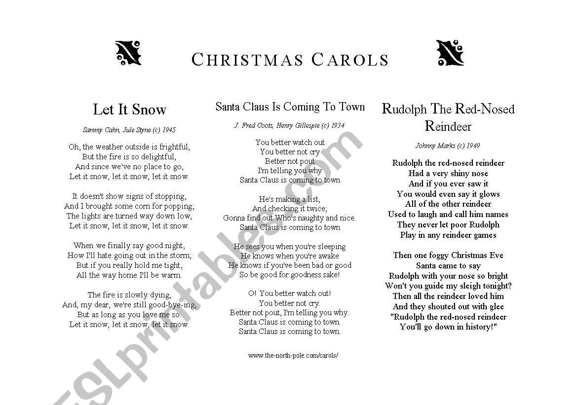 Christmas carols worksheet