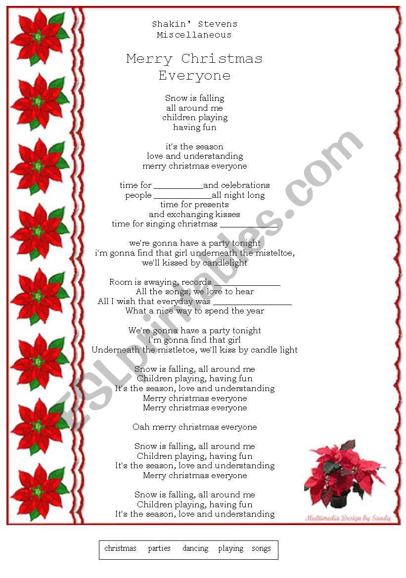 Merry Christmas Everyone Lyrics Esl Worksheet By G Kabelkova