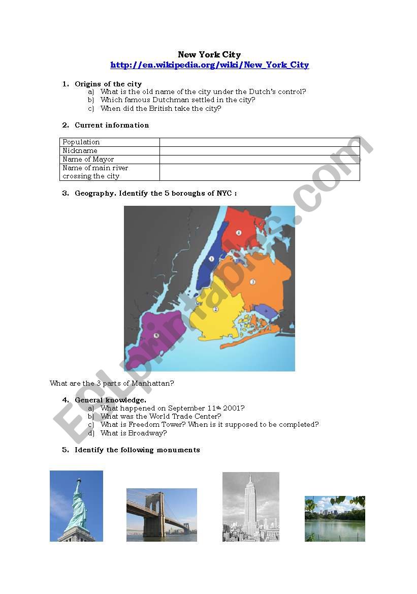New York City worksheet