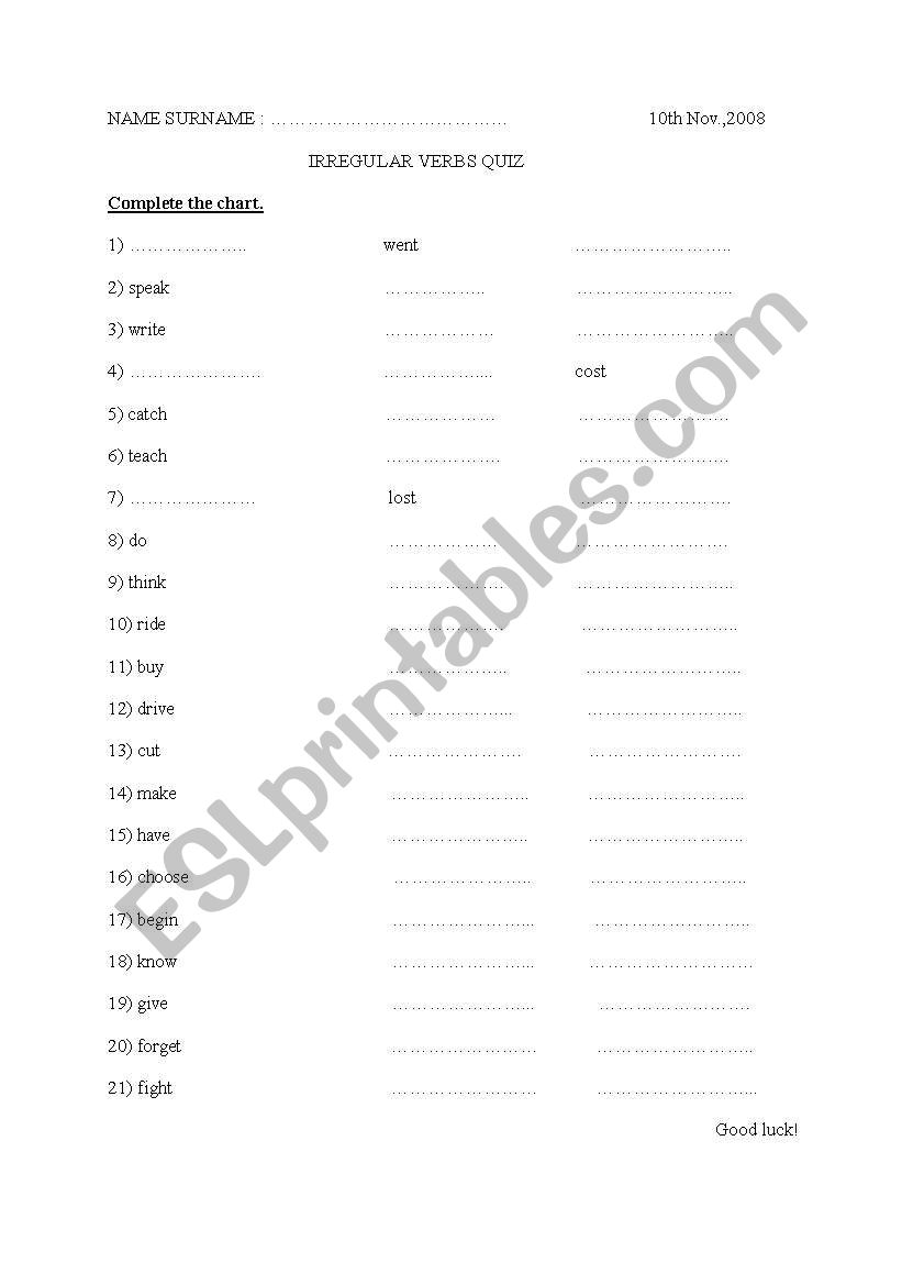 irregular verbs worksheet