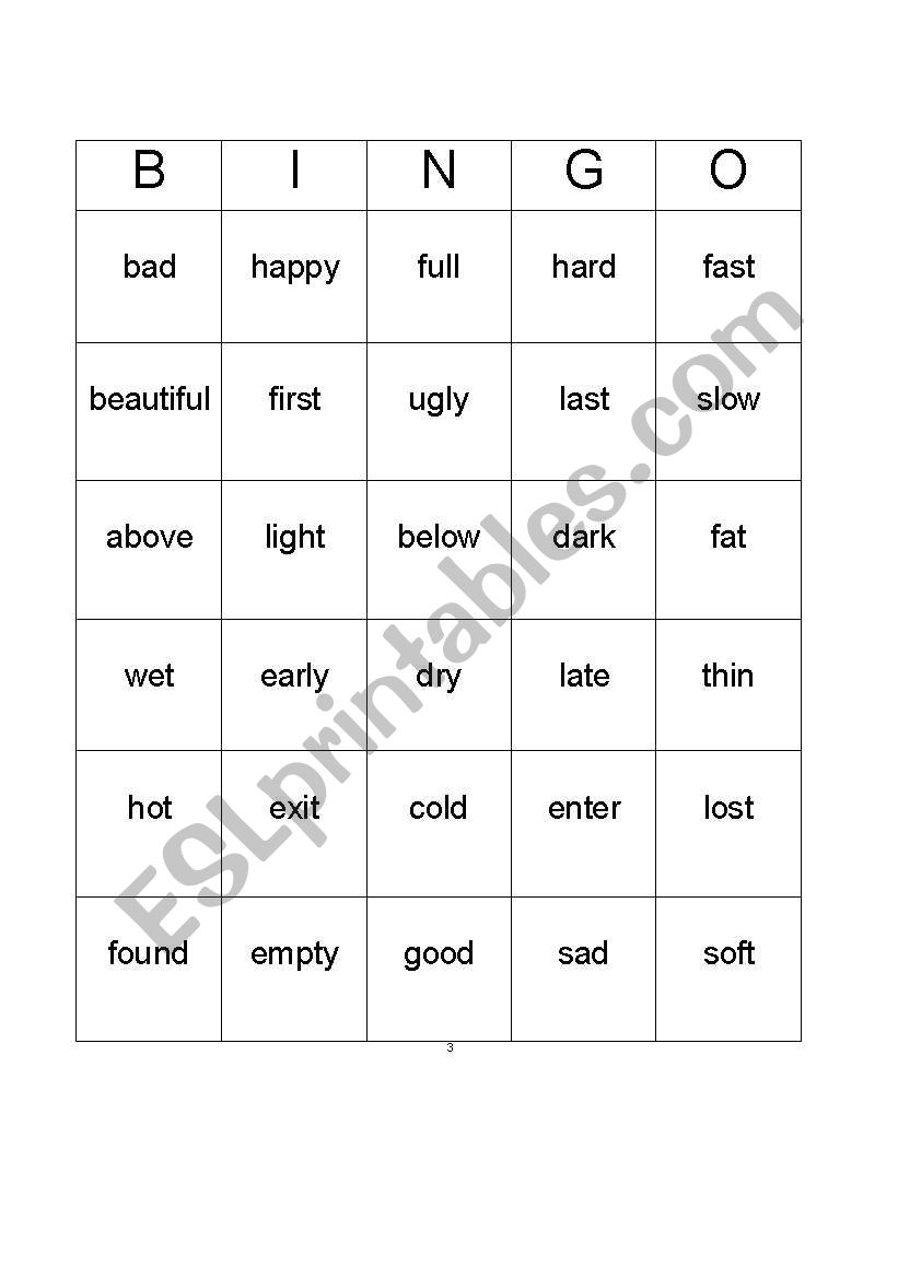 Synonym Antonym Bingo Board 3 worksheet