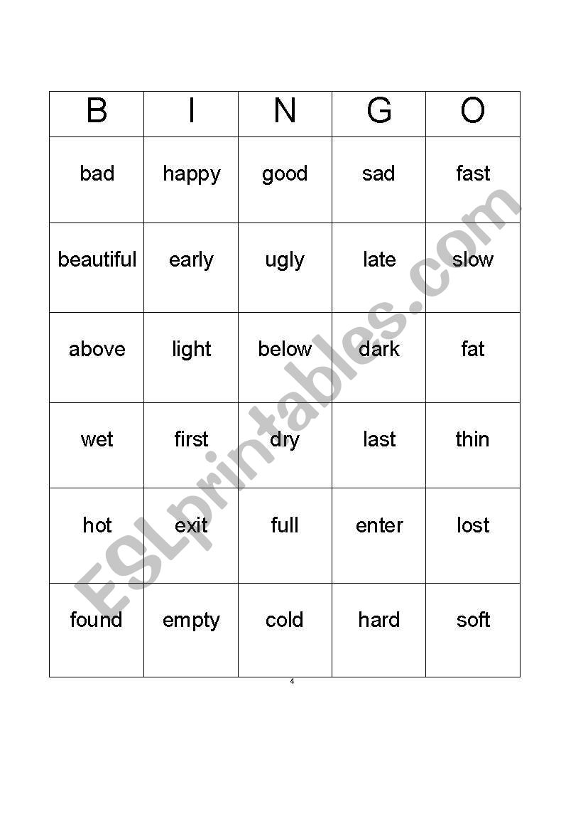 Synonym Antonym Bingo