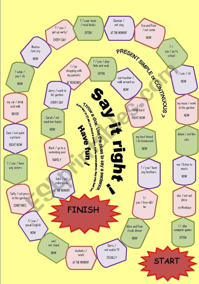 Say It Right BOARD GAME Present Simple And Continuous ESL Worksheet 