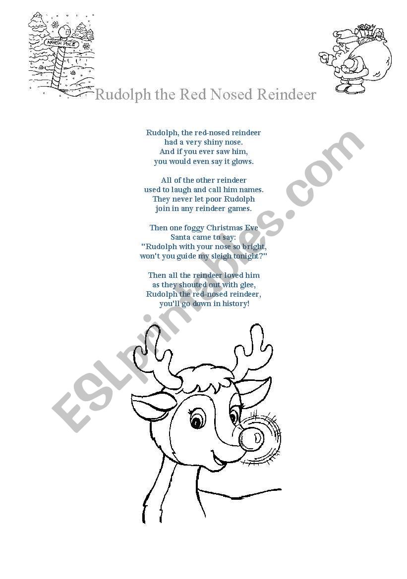 Rudolph the Red Nosed Reindeer Song Lyrics and Colouring Pictures ESL