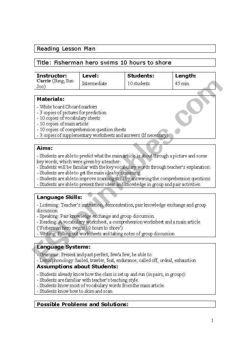 reading worksheet