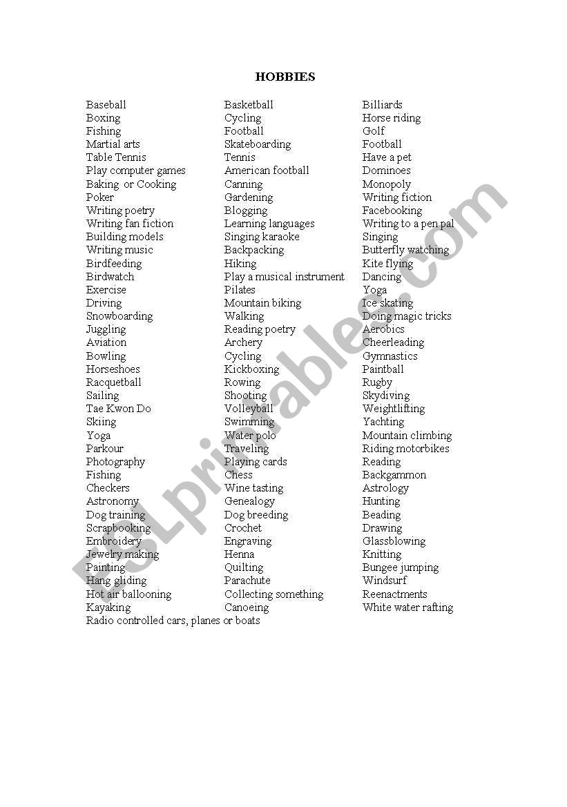 Hobbies worksheet