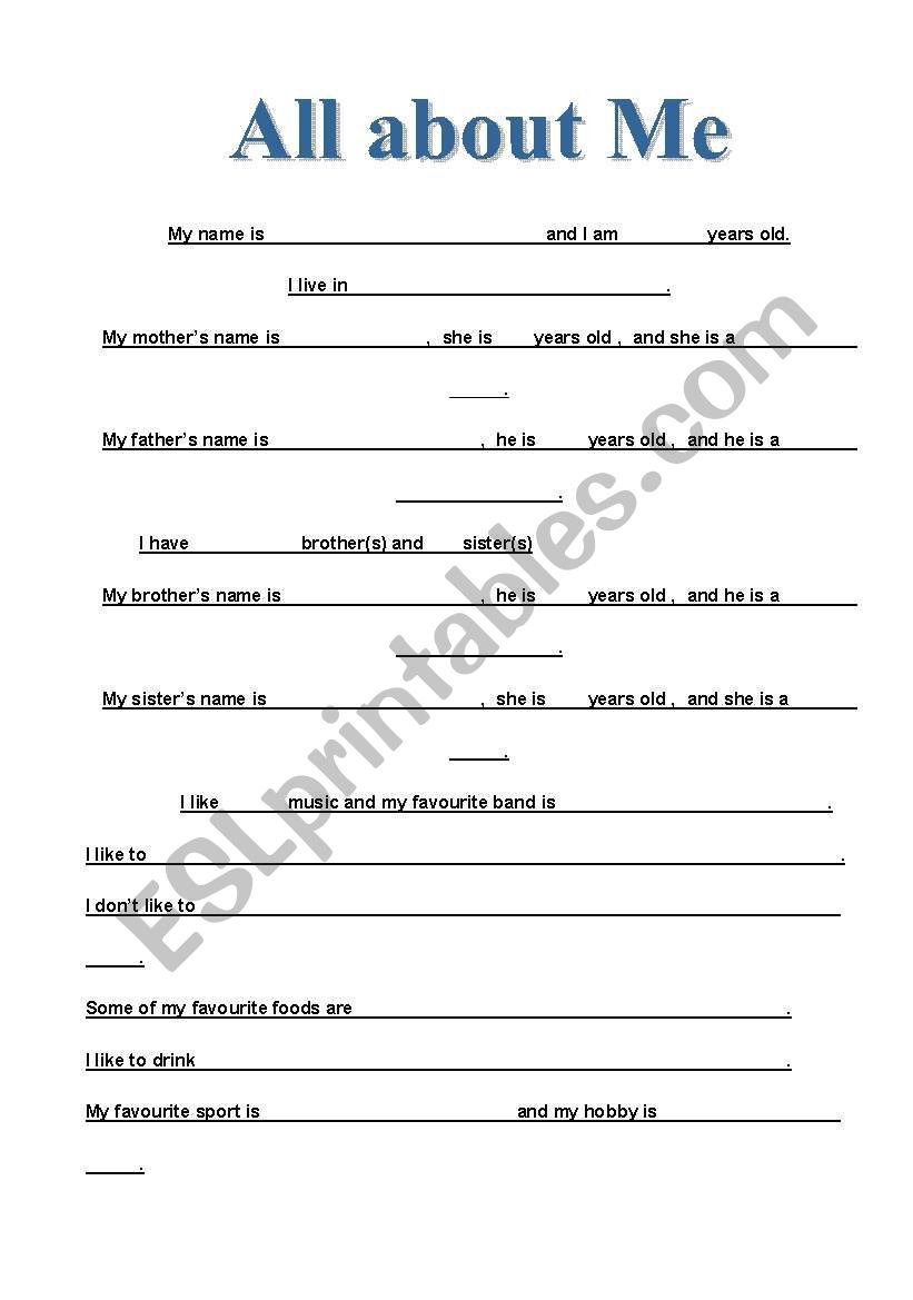 All About Me worksheet