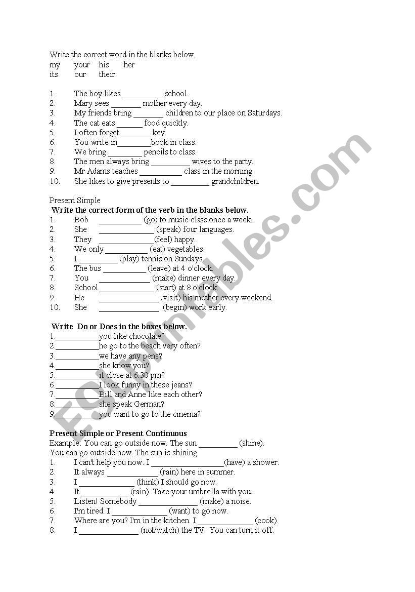 Possesive adjectives worksheet