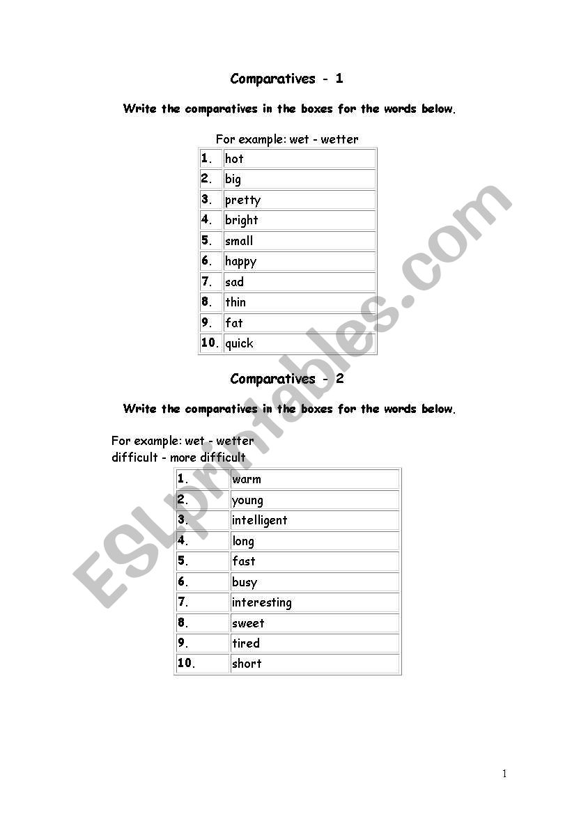 comparatives and plurals worksheet