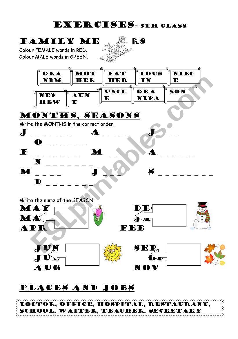 Vocabulary (family, months, seasons, places and jobs