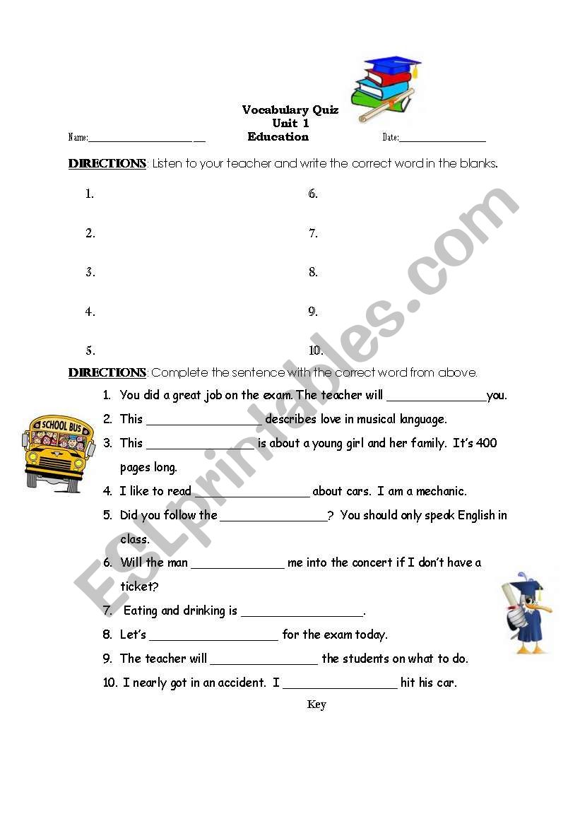 Education (school vocabulary) Quiz, with answer key