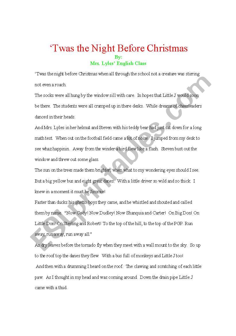 English worksheets: Twas the Night before Christmas Rewrite