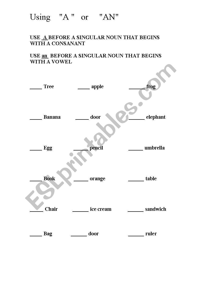 using a or an worksheet