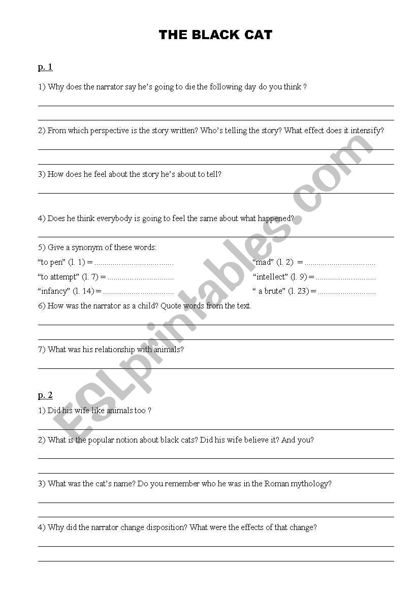 The Black Cat Questions ESL Worksheet By Carla Ferreira