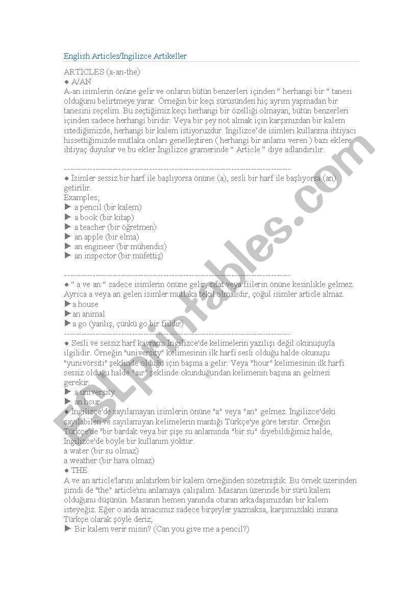 Articles worksheet