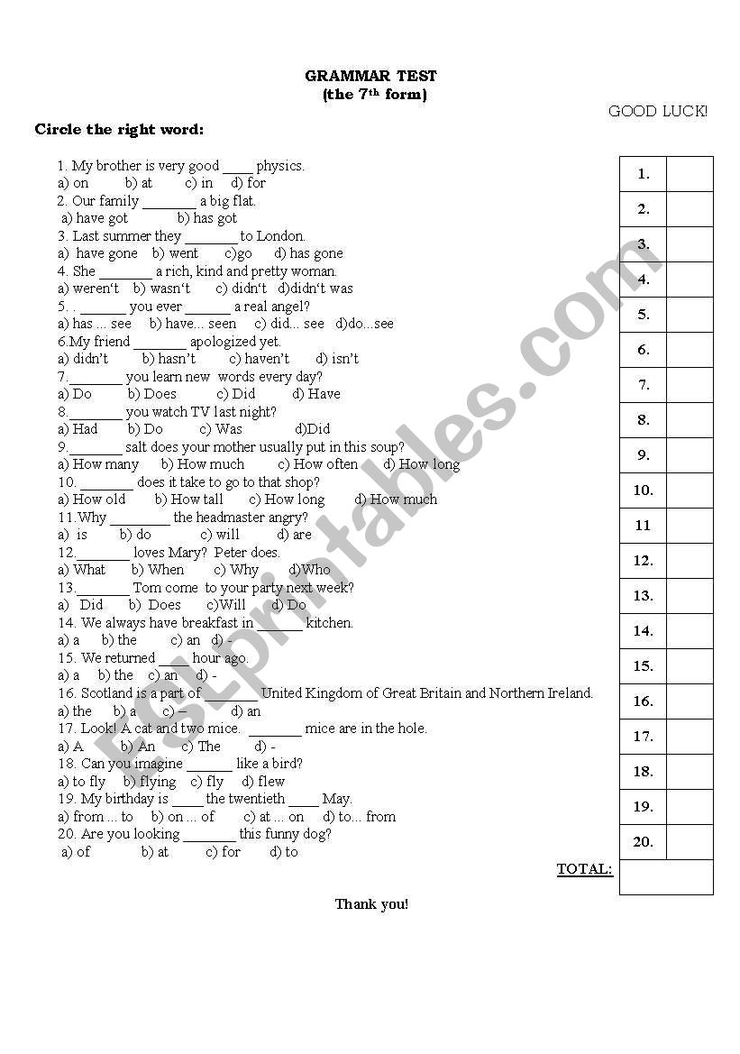 Grammar and Vocabulary Test worksheet