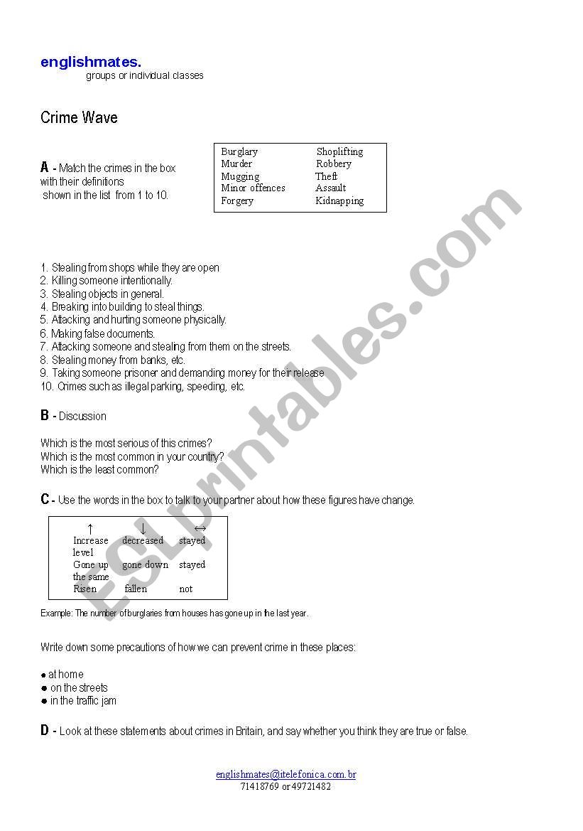 Types of crime worksheet