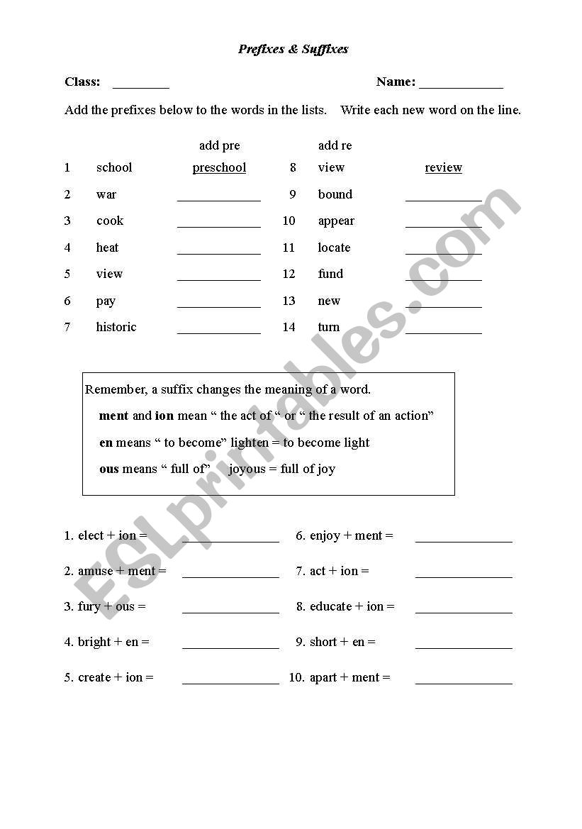 English worksheets: Prefixed and Suffixes