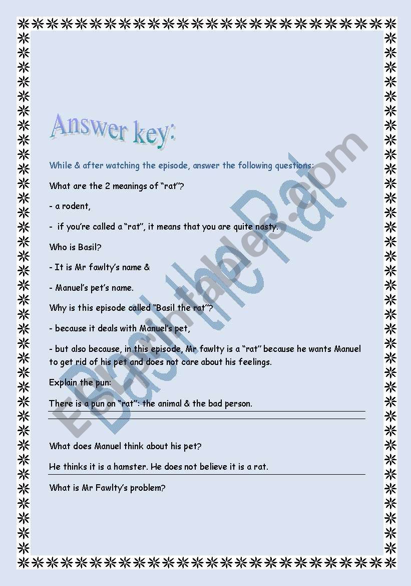 Fawlty Towers Basil the rat project detailed answer key 5