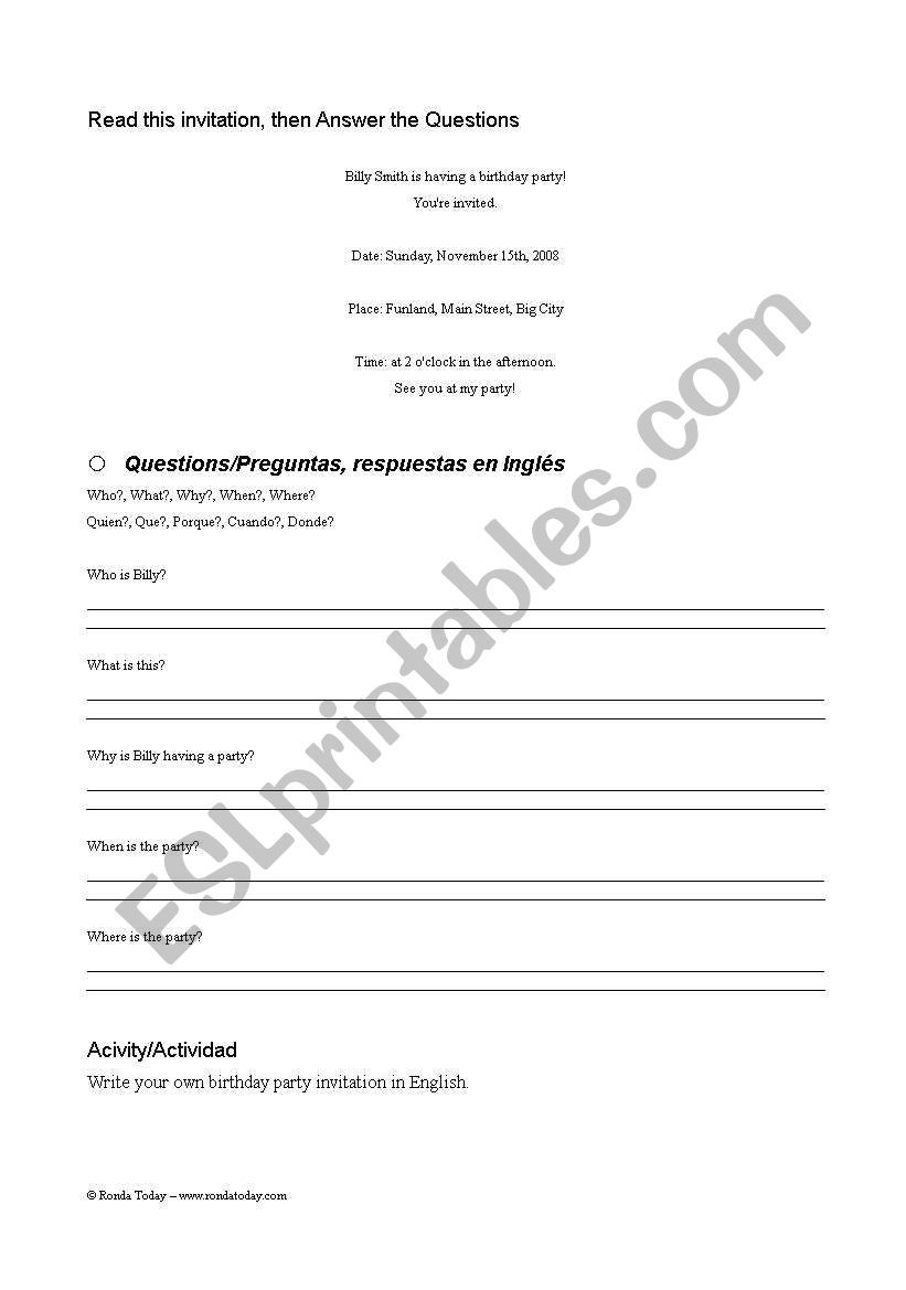 Birthday Invitiation worksheet