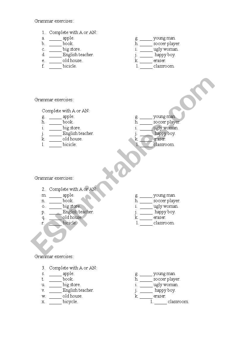 A and AN worksheet