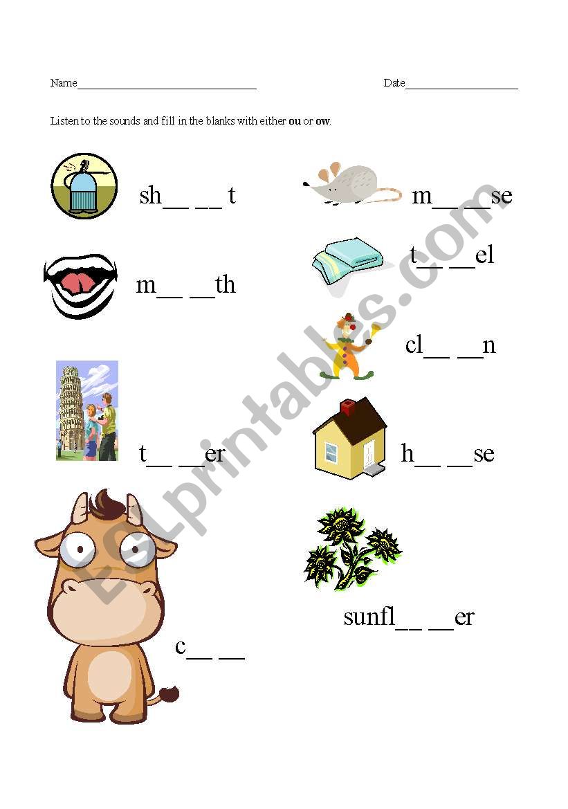 OU and OW sounds worksheet