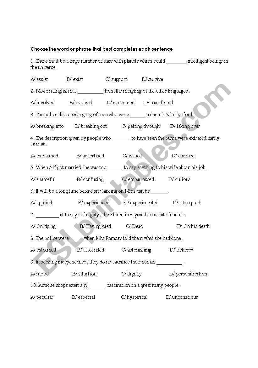 Multichoice worksheet