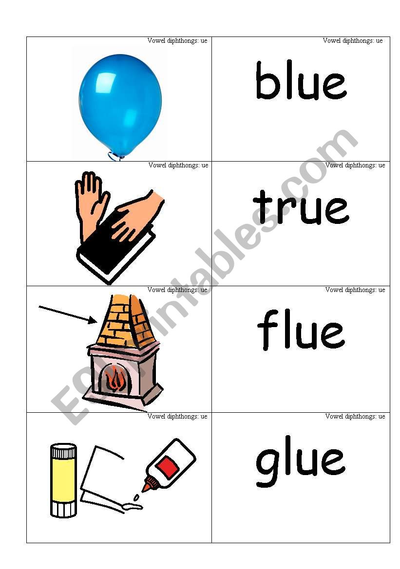 word picture cards that contains ue as in blue phonics esl worksheet by jenniferoz69