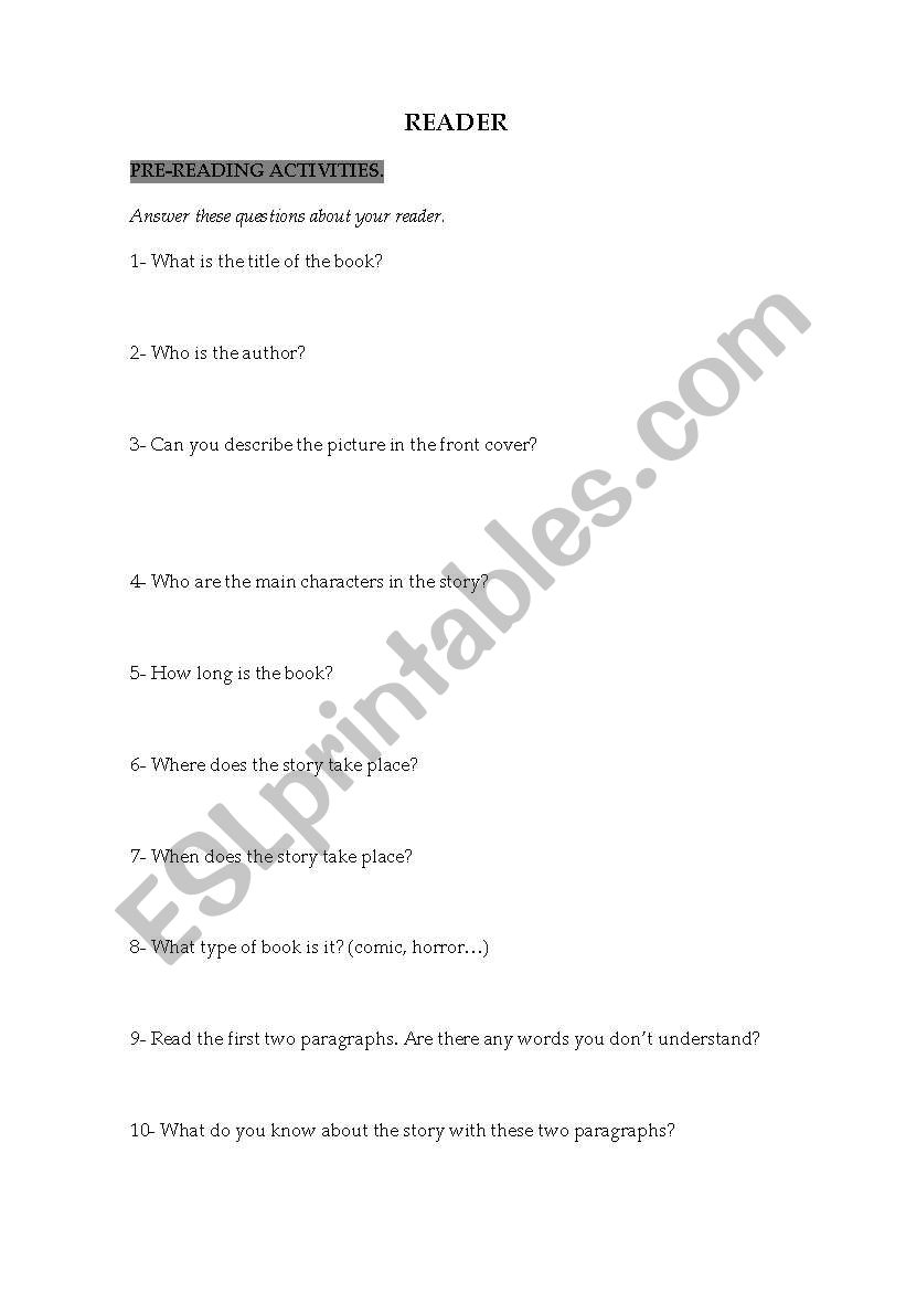 Reader pre-reading activities worksheet