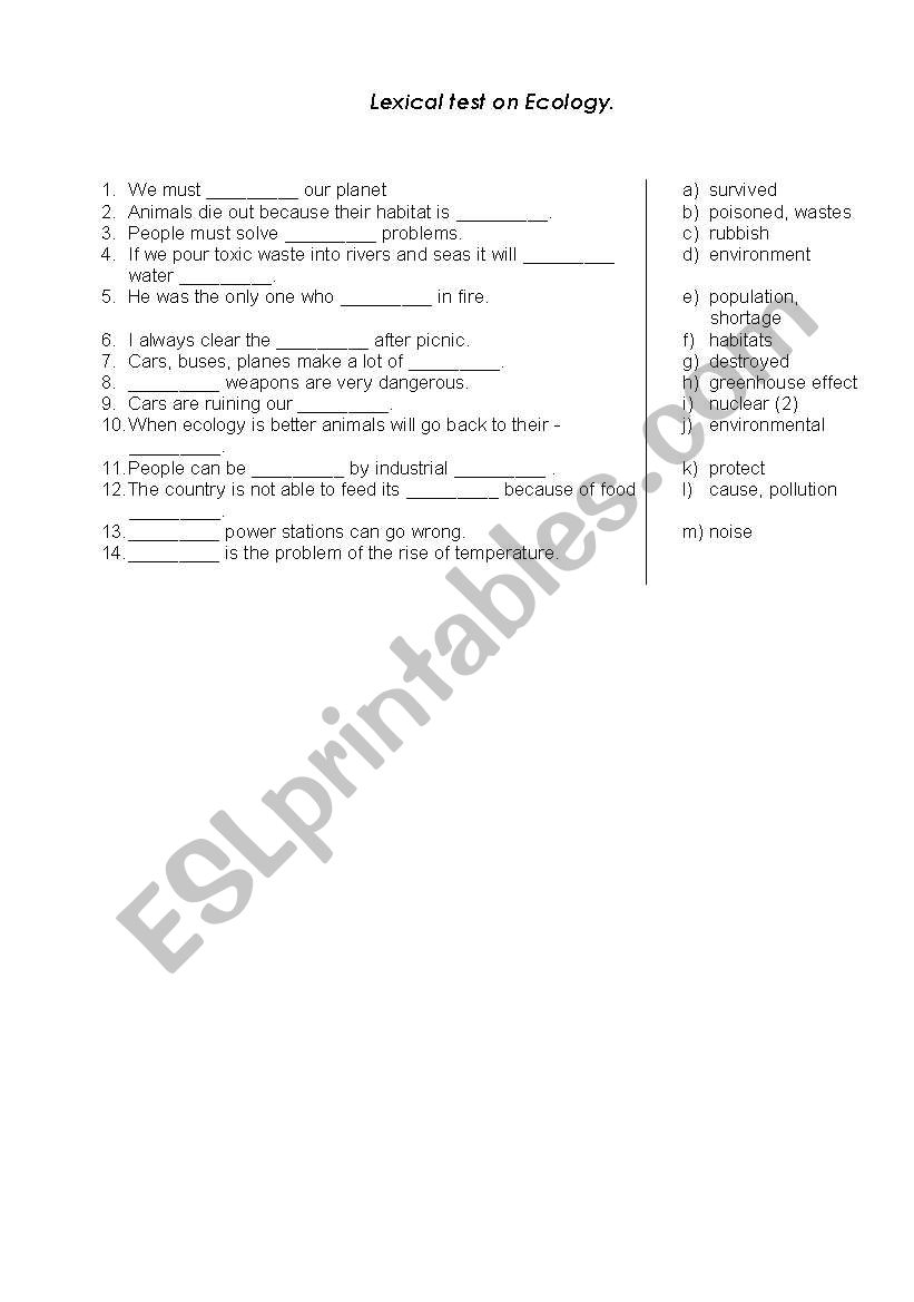 Lexical test on Ecology worksheet